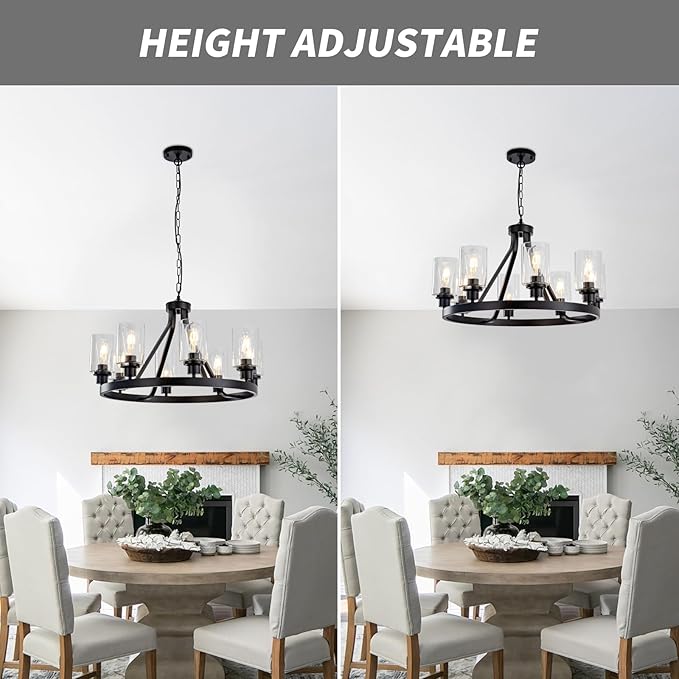 Lanhall 8-Light Black Dining Room Light Fixtures Farmhouse Wagon Wheel Chandelier Kitchen Island Pendant Lights Modern Industrial Rustic Adjustable Height Metal E26