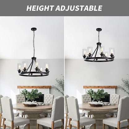 Lanhall 8-Light Black Dining Room Light Fixtures Farmhouse Wagon Wheel Chandelier Kitchen Island Pendant Lights Modern Industrial Rustic Adjustable Height Metal E26