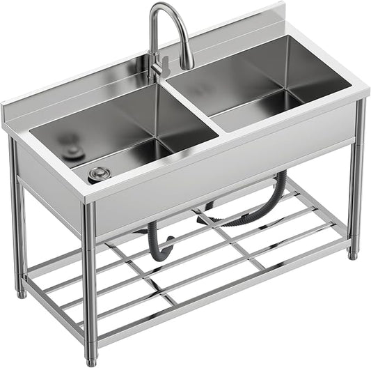 GGW 2-Compartment Commercial Sink, Stainless Steel Utility Sink with Pull-out Faucet, Free Standing Double Bowl Kitchen Sink for Restaurant, Garage, Shop, Cafe, Outoor, 21.7"D x 47.2"W x 37"H
