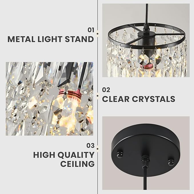 1-Light Crystal Pendant Lighting Modern Black Chandelier for Bedroom Adjustable Kitchen Island Lighting Unique Ceiling Lights Fixtures for Living Room Entrance Hallway