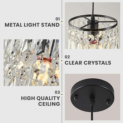 1-Light Crystal Pendant Lighting Modern Black Chandelier for Bedroom Adjustable Kitchen Island Lighting Unique Ceiling Lights Fixtures for Living Room Entrance Hallway