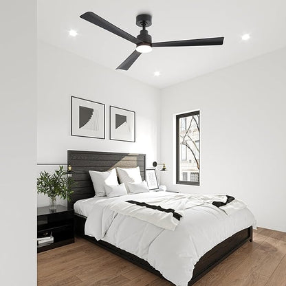 52" Black Ceiling Fan with Light and Remote, Modern 3-Blade DC Motor Ceiling Fan, Quiet Reversible Airflow, 6-Speed LED, Use for Bedroom Living Room Kitchen Indoor Use