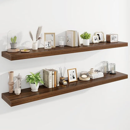 Marsmiles 72" Floating Shelves for Wall, Wooden Shelves with Invisible Brackets Set of 2, Rustic Farmhouse Wall Mounted Shelf for Kitchen Bathroom Living Room Study, Walnut
