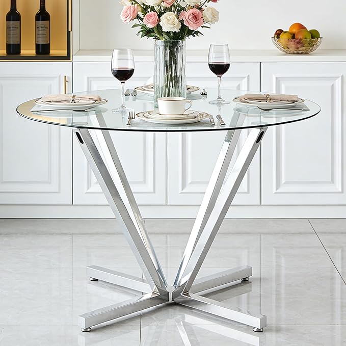 Round Dining Table for 4 6 People, 45.3" Modern Glass Kitchen Table, Circle Silver Dinner Table with 0.32" Thick Tempered Glass Top and Metal Legs, Glass Dining Room Furniture for Kitchen Living Room