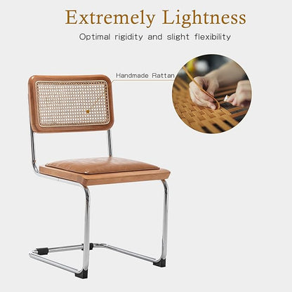 Alunaune Mid Century Modern Dining Chairs Set of 4, Upholstered Natural Rattan Kitchen Accent Chair, Armless Side Chairs with Metal Chrome Legs for Bedroom Living Room-Brown with PU Seat