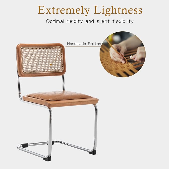 Alunaune Mid Century Modern Dining Chairs Set of 2, Upholstered Natural Rattan Kitchen Accent Chairs, Armless Side Chair with Metal Chrome Legs for Bedroom Living Room-Brown with PU Seat
