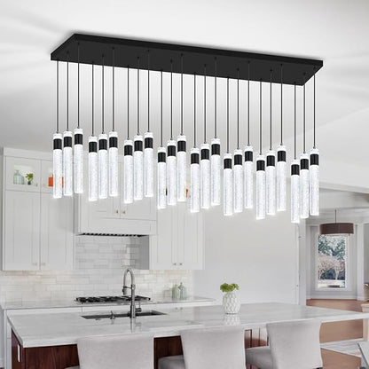 Glam Rectangular Crystal Column Chandelier for High Ceiling 24-Lights Black LED Dimmable Long Crystal Chandelier for Foyer Living Room Adjustable Height