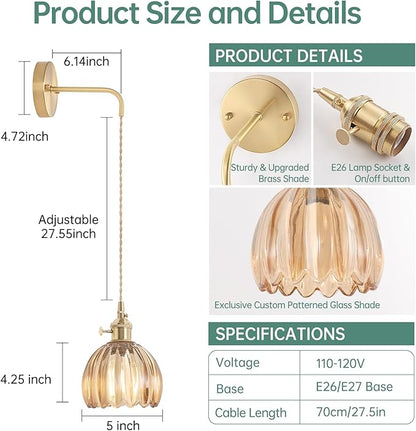 Shenmoyl Vintage Wall Sconce Wall Lamp Amber Tulip Shade Pattern Glass Adjustable Chain Retro Gold Wall Mounted Light, Wall Lamp Fixtures Decor for Bedside Bedroom Indoor Doorway