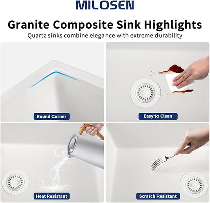 MILOSEN White Undermount Kitchen Sink, 31"x18" Granite Composite Single Bowl Kitchen Sinks, 9" Deep Large Undermount/Drop In Sink with Custom Accessories, White Quartz Kitchen Sinks for Modern Kitchen