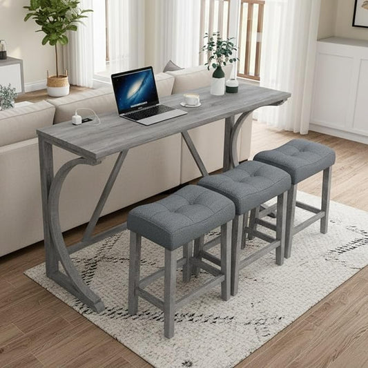 59 inch Bar Table and Chairs Set with Power Outlet,Industrial Counter Height Bar Table with 3 Padded Stools, 4 Pieces Space Saving Breakfast Table Set for Kitchen Dining Room,Grey