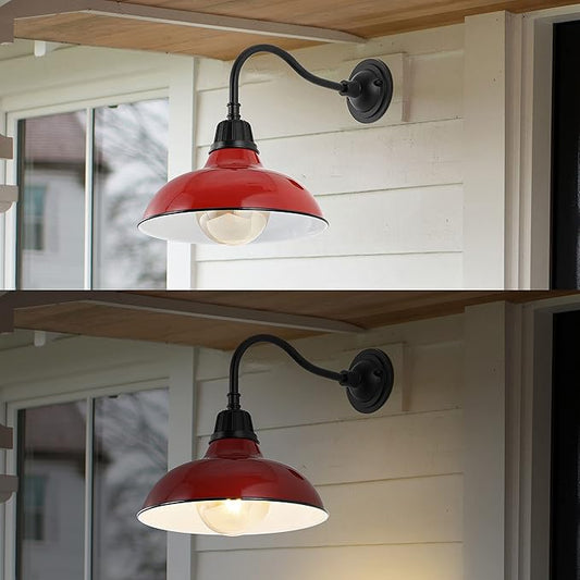 JONATHAN Y 12.25" Red/Black Farmhouse Industrial Outdoor Sconce, LED Gooseneck Wall Light for Porch, Metal Bowl Shade, Dimmable Vintage Exterior Fixture, LED Bulb Included (JYL7613E)