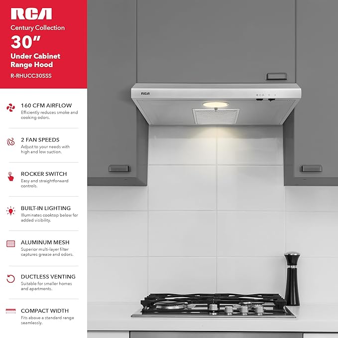 RCA R-RHUCC30SSS 30 in. Century Collection Ductless Under Cabinet Range Hood, Reusable Filter, Rocker Switch, Light, Stainless Steel