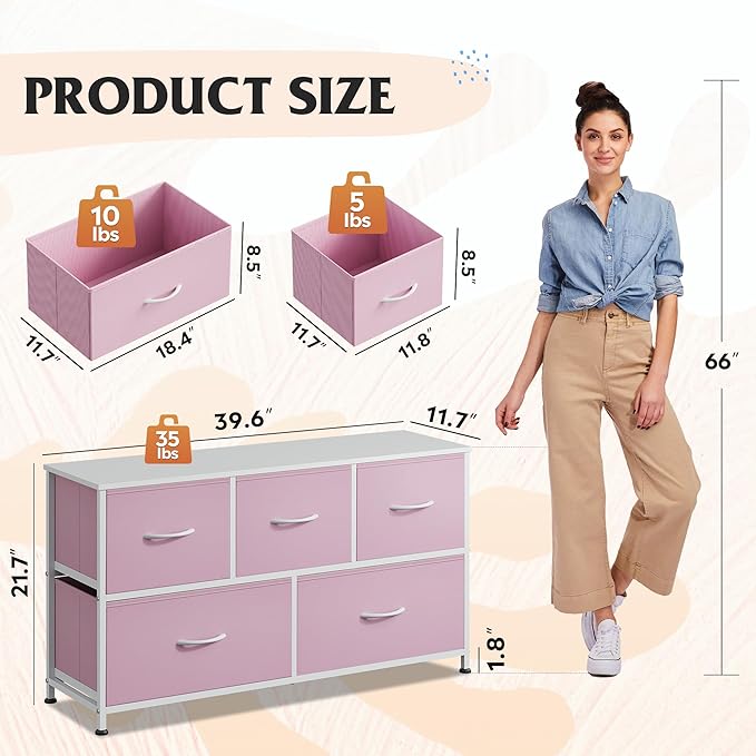 WLIVE Dresser for Bedroom with 5 Drawers, Wide Chest of Drawers, Fabric Dresser, Storage Organizer Unit with Fabric Bins for Closet, Living Room, Hallway,A-Pink