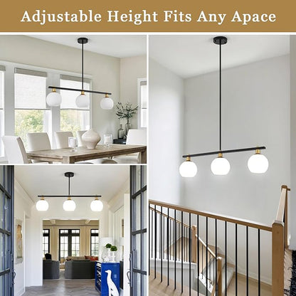 Island Lights for Kitchen Black and Gold Chandelier 3-Light Mid Century Modern Dining Room Light Fixtures Over Table with Opal Glass Shades Hanging Linear Pendant Lighting for Kitchen Island Foyer Bar