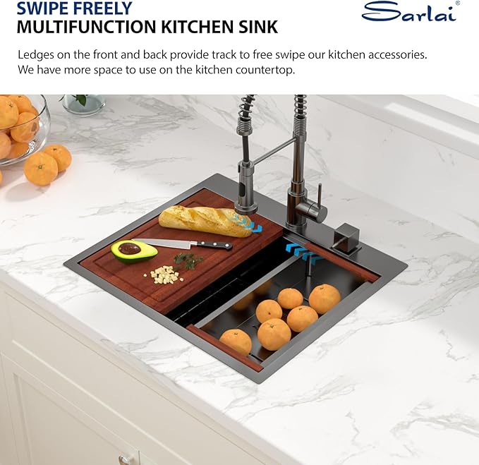 25 Black Drop Kitchen Sink - Sarlai 25 x 22 Inch Kitchen Sink Topmount Ledge Workstation Gunmetal Black Stainless Steel 16 Gauge Single Bowl Over Counter Utility Laundry Sinks Basin