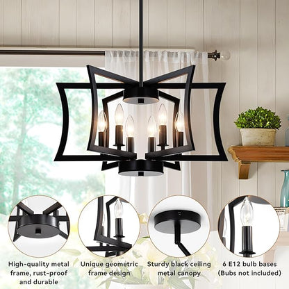 SIBRILLE 22.84" Black Metal Pendant Light, 6-Light Dining Room Light Fixture Modern Industrial Geometric Chandelier Lighting, Suitable for Villa Foyer, Kitchen Islands, and Farmhouse Living Rooms