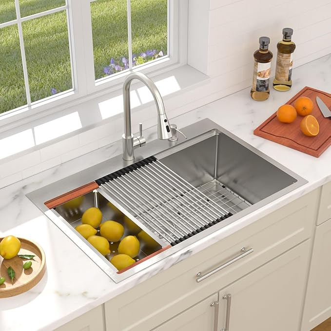 Dcolora 33x22 Drop In Workstation Stainless Steel Kitchen Sink 16 Gauge 304 Large Single Bowl Topmount Sinks with Accessories, Round Corner 33"x22"x10" #DC-T7741