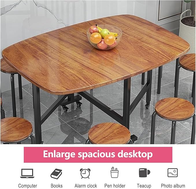 Solid Wooden Foldable Kitchen Table with 6 Wheels, Multifunction Expandable Folding Table for Small Spaces Kitchen, Bedroom, Living Room, Space Saving Folding Dining Table, Brown，White, Natural(White,
