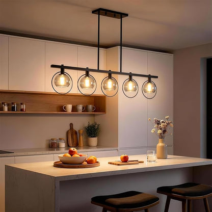 ropelux Dining Room Light Fixture, 5-Light Chandelier for Kitchen Island Over Table with E12 Socket(Bulb not Included), Black Rustic Hanging Pendant Light Fixtures with Clear Gray-Tinted Lampshade