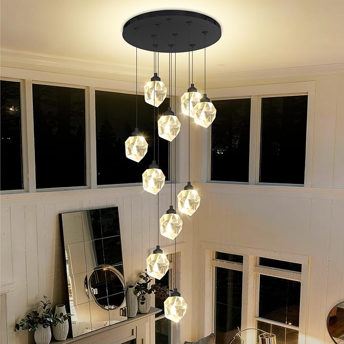 10-Lights Crystal Chandeliers for Living Room 120 inches Black Long Staircase Chandelier Foyer Entrance Crystal Ceiling Chandeliers LED Dimmable 3000-6000K