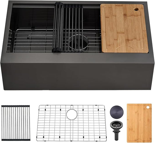 SHACO 33 Inch Black Farmhouse Sink, 33x20 Gunmetal Black 16 Gauge Stainless Steel Single Bowl Workstation Flat Apron Front Farm Kitchen Sink with Cutting Board