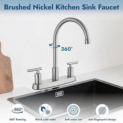 Kitchen Faucets, High Arc 360°Rotating Spout Kitchen Sink Faucet 2 Handle 8 Inch Centerset RV Kitchen Faucet with Supply Lines, 3 Hole Kitchen Faucet Without Side Sprayer, Brushed Nickel