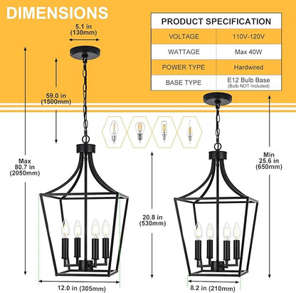 4-Light Farmhouse Lantern Chandelier, Black Pendant Light Fixture Adjustable Height for Kitchen Island Dining Room Foyer, Hanging Ceiling Lighting E12 Bulb Base