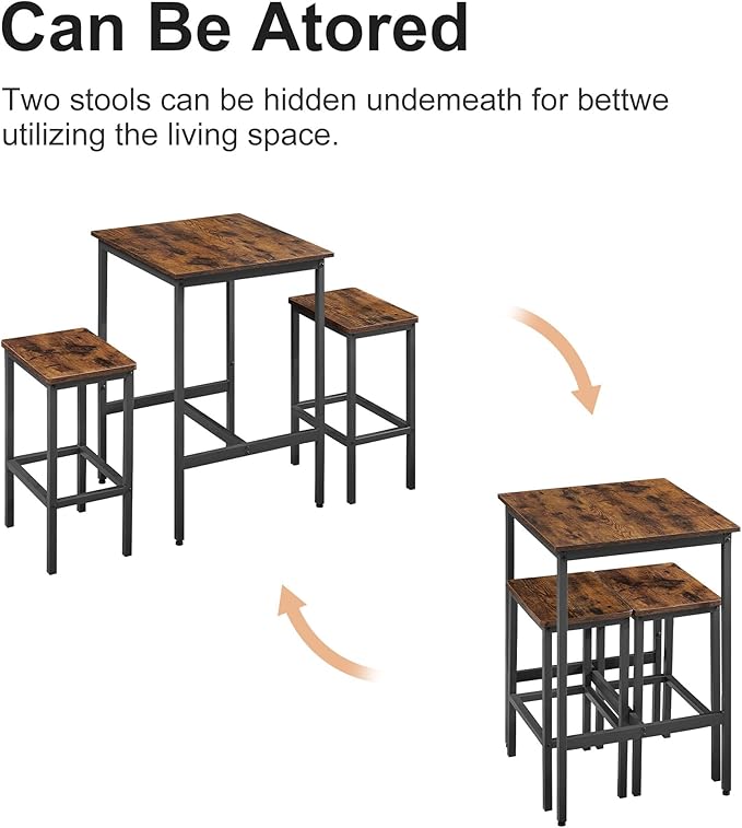 3 PCS Bar Table Set with 2 Stools, Modern Counter Height Table and Chairs Set for Living Room, Small Spaces (Rustic Brown)