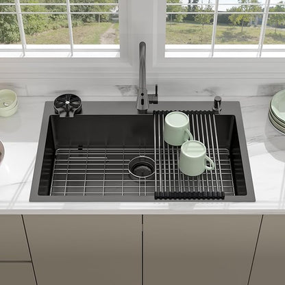 33 Drop In Kitchen Sink - Beslend 33x22 Black Kitchen Sink Drop In with Pull-Out Faucet, Stainless Steel Sinks and Soap Dispenser Topmount 16 Gauge Single Bowl Above Counter Dish Basin 9" Deep