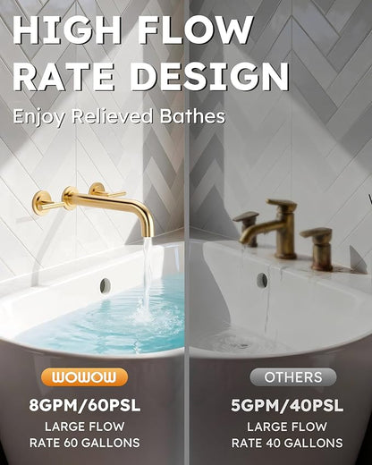 WOWOW Wall Mount Tub Filler: Gold Tub Faucet High Flow Two Handles Solid Brass, Long Spout Reach,Tub Faucet Bathroom Bathtub Faucets with 2 Handles Tub Faucets with Brass Rough in Valve Included