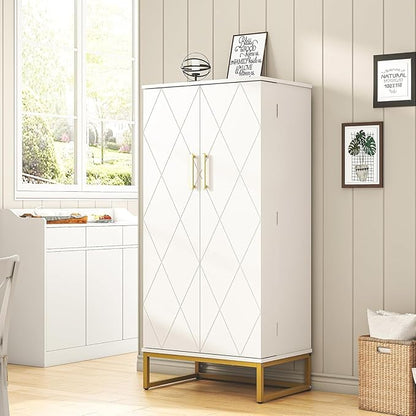 kepptory 51” Kitchen Pantry Storage Cabinet, White Freestanding Pantry Cabinets with Doors and Adjustable Shelves, Buffet Cupboards Storage Cabinet for Home Office Use, Dinning Room(White + Gold)