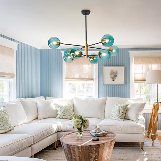 BOKT Modern Sputnik Chandelier 8-Lights Blue Glass Globe Chandelier Mid Century Pendant Light Fixture for Dining Room, Living Room, Island Kitchen, Bedroom