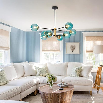 BOKT Modern Sputnik Chandelier 8-Lights Blue Glass Globe Chandelier Mid Century Pendant Light Fixture for Dining Room, Living Room, Island Kitchen, Bedroom