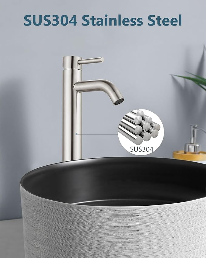 Aolemi Vessel Sink Faucet – SUS304 Stainless Steel Tall Bathroom Faucet,Single Lever Handle,1 Hole Bathroom Faucets with Supply Lines and Pop Up Drain,Brushed Nickel