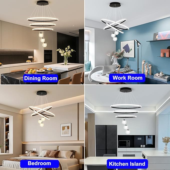ORANOOR LED Modern 3 Ring Chandeliers for Dining Room, 24in Dimmable Kitchen Pendant Lamp, Black Dining Room Light Fixtures Ceiling Hanging Over Table, Globe Round Chandeliers for Living Room Bedroom