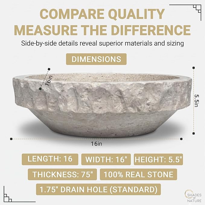 Shades of Nature Round Travertine Vessel Sink, Natural Stone Wash Basin, Hand-Carved Bathroom Sink, Chiseled Exterior, Polished Interior, Above Counter Vanity (Soap Tray Included)
