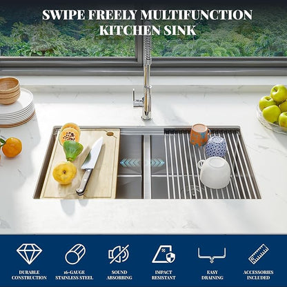 GarveeTech Kitchen Sinks,33×19×10 inch Double Bowl Undermount Workstation Kitchen Sink – 16 Gauge Stainless Steel, Brushed Finish, Deep Basin with Ledge, Bottom Grids & Drain Assembly Included