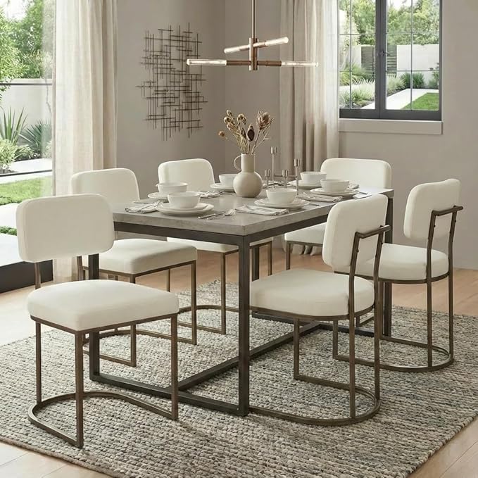 KISLOT Dining Chairs Set of 4, Upholstered Modern Kitchen Chairs with Ergonomic Backrest, Fabric Cushion & Wire Drawing Curve Metal Legs for Living Room, Restaurant, Café, Ivory, 2Boxs