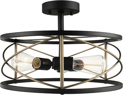 Globe Electric 60869 Denali 3-Light Flush Mount Ceiling Light, Matte Black, Brass Accents
