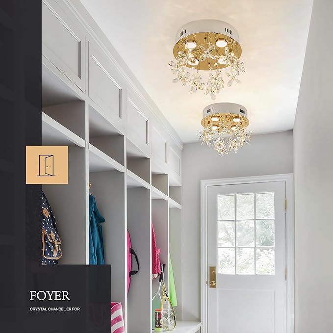 4-Lights Modern Chandelier K9 Crystal Lighting Fixture,11.8 Inch Round Stainless Steel Flush Mount Ceiling Lights for Bedroom Foyer Hallway Dining Room,GU10 Bulbs Include