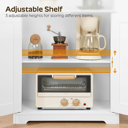 YATINEY Coffee Bar Cabinet, Kitchen Island with Storage, Farmhouse Sideboard Buffet Cabinet with Dual-Purpose Floating Shelf and Hooks, for Kitchen, Restaurant, Living Room, White KF22WT