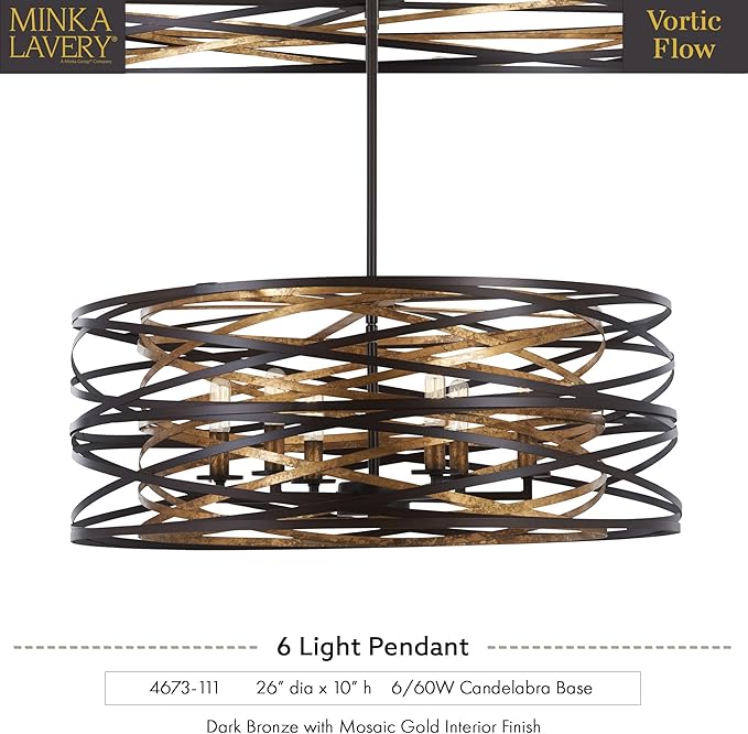 Minka Lavery 4673-111 Vortic Flow Pendant, 6-Light, 360 Total Watts, 26-in H x 10-in W, Dark Bronze with Mosaic Gold Interior