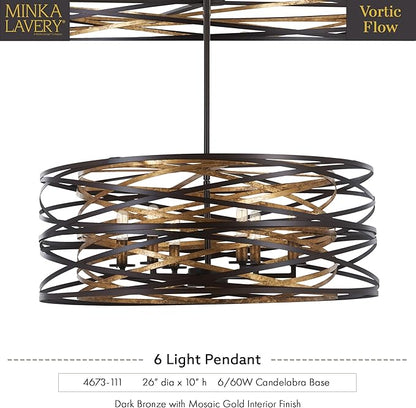 Minka Lavery 4673-111 Vortic Flow Pendant, 6-Light, 360 Total Watts, 26-in H x 10-in W, Dark Bronze with Mosaic Gold Interior