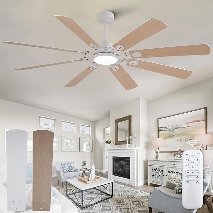 72 inch Ceiling Fans with Lights and Remote,8 Blades White Ceiling Fan with Light, Large Air Volume, Reversible Quiet DC Motor, Modern Ceiling Fans for Indoor Outdoor Living Room Large Room