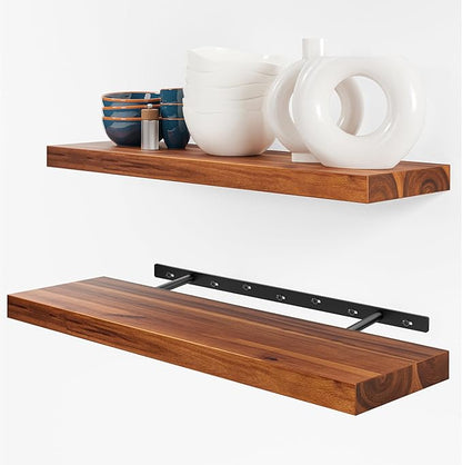 BATODA Set of 2 24" Acacia Wood Floating Shelves Wall Mounted – Rustic Farmhouse Wooden Wall Storage Shelf for Bedroom, Kitchen, Home Décor - Brackets and Shelving Hardware Included