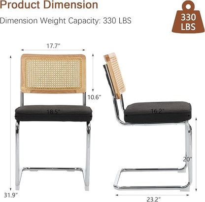 Rattan Back Linen Dining Chair Set of 2 Modern Stainless Chrome Base Armless Upholstered Side Chair for Dining Room, Kitchen Island,Black