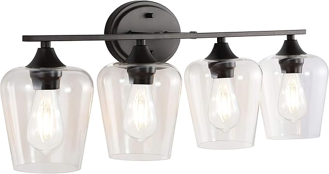 JONATHAN Y 32" Oil Rubbed Bronze 4-Light Farmhouse Rustic LED Vanity Light Sconce, Clear Glass Shade, Vintage Indoor Fixture for Bathroom Mirror, LED Bulb Included (JYL7548A)