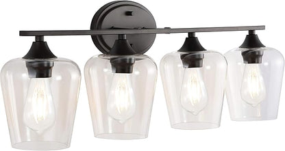 JONATHAN Y 32" Oil Rubbed Bronze 4-Light Farmhouse Rustic LED Vanity Light Sconce, Clear Glass Shade, Vintage Indoor Fixture for Bathroom Mirror, LED Bulb Included (JYL7548A)