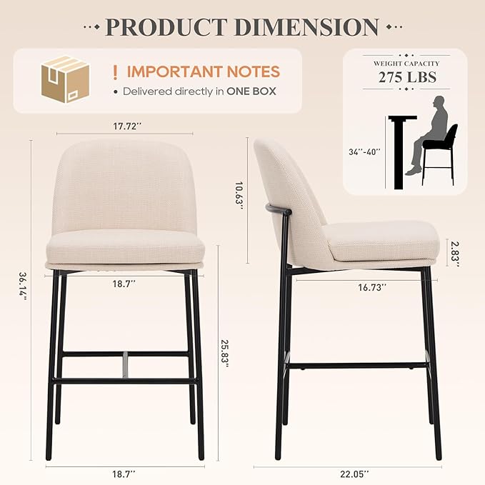 COLAMY Counter Height Bar Stools Set of 2, 25 Inch Modern Fabric Kitchen Island Stools with Back, Upholstered Counter Barstools Armless Bar Chairs with Metal Legs for Island Dining Room Bar,Beige