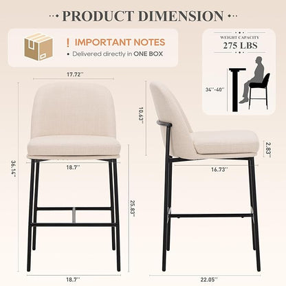 COLAMY Counter Height Bar Stools Set of 2, 25 Inch Modern Fabric Kitchen Island Stools with Back, Upholstered Counter Barstools Armless Bar Chairs with Metal Legs for Island Dining Room Bar,Beige